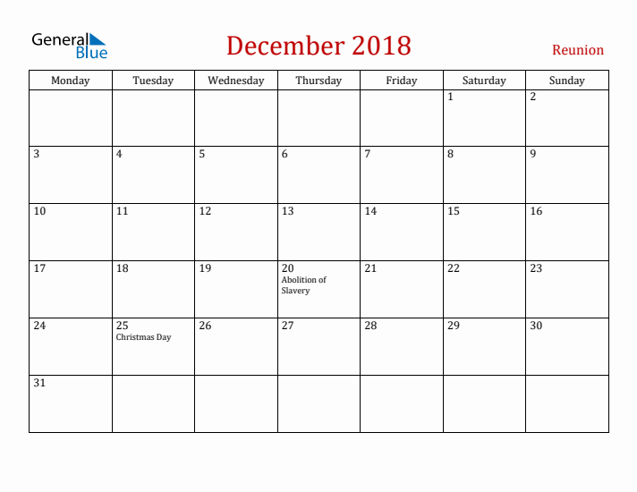 Reunion December 2018 Calendar - Monday Start