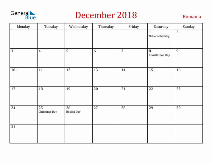 Romania December 2018 Calendar - Monday Start