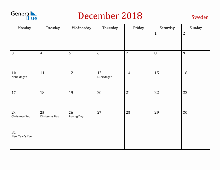 Sweden December 2018 Calendar - Monday Start