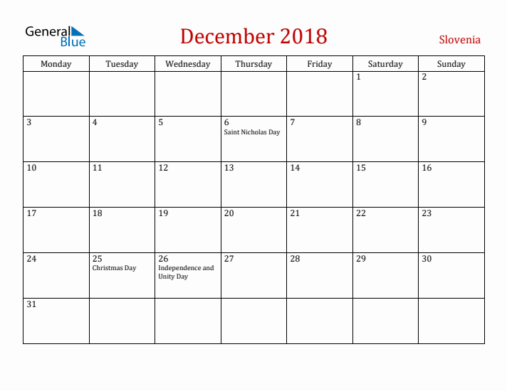 Slovenia December 2018 Calendar - Monday Start