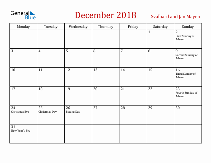 Svalbard and Jan Mayen December 2018 Calendar - Monday Start