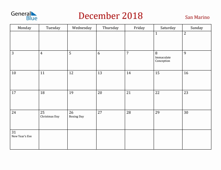 San Marino December 2018 Calendar - Monday Start