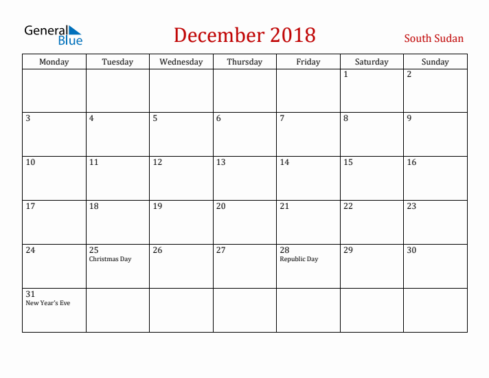 South Sudan December 2018 Calendar - Monday Start
