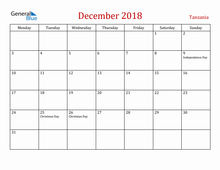 Tanzania December 2018 Calendar - Monday Start