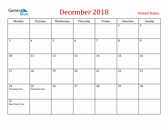 United States December 2018 Calendar - Monday Start