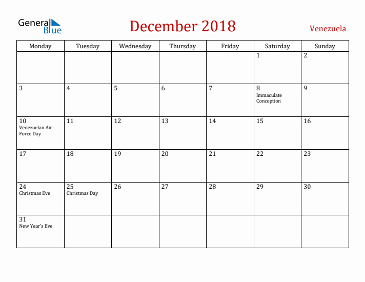 Venezuela December 2018 Calendar - Monday Start