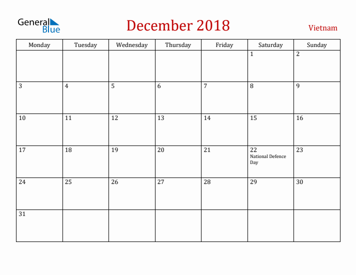 Vietnam December 2018 Calendar - Monday Start