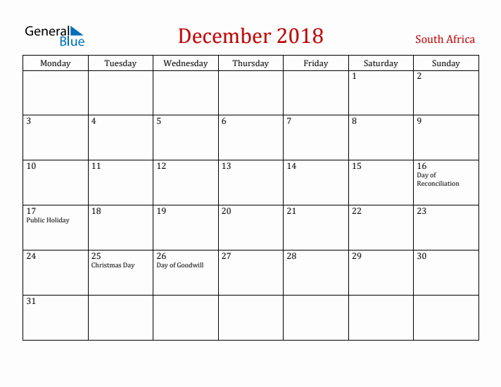 South Africa December 2018 Calendar - Monday Start
