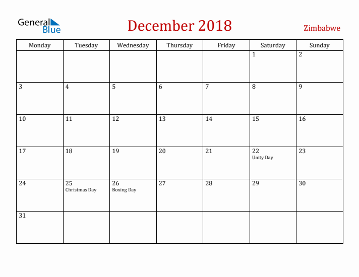 Zimbabwe December 2018 Calendar - Monday Start