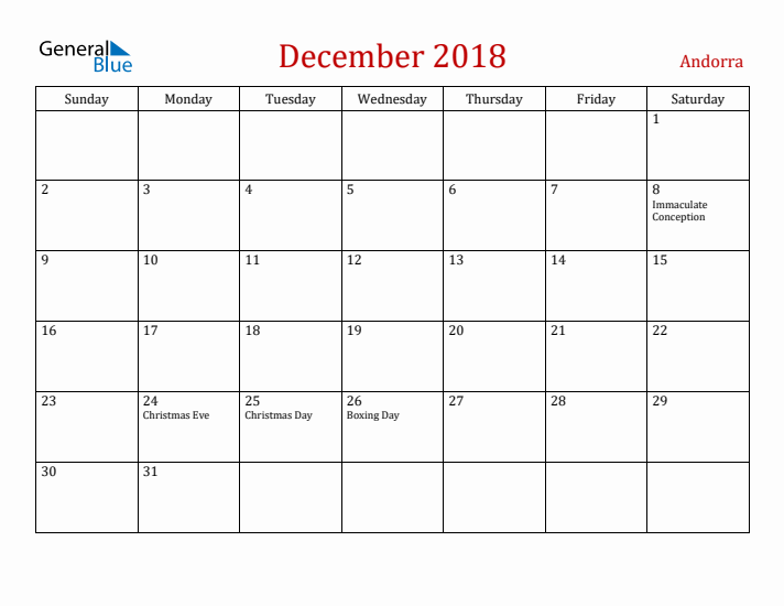 Andorra December 2018 Calendar - Sunday Start