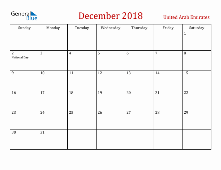 United Arab Emirates December 2018 Calendar - Sunday Start