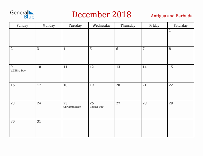 Antigua and Barbuda December 2018 Calendar - Sunday Start