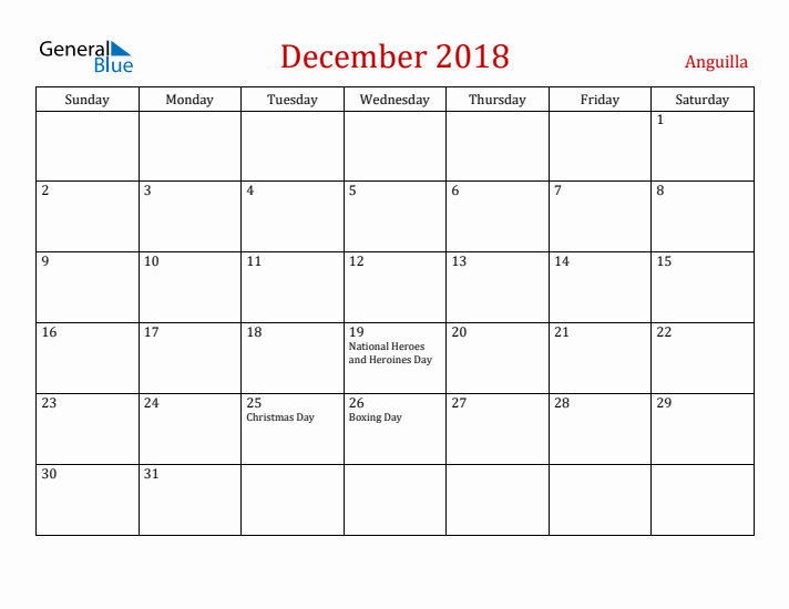 Anguilla December 2018 Calendar - Sunday Start