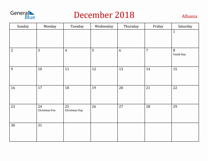 Albania December 2018 Calendar - Sunday Start