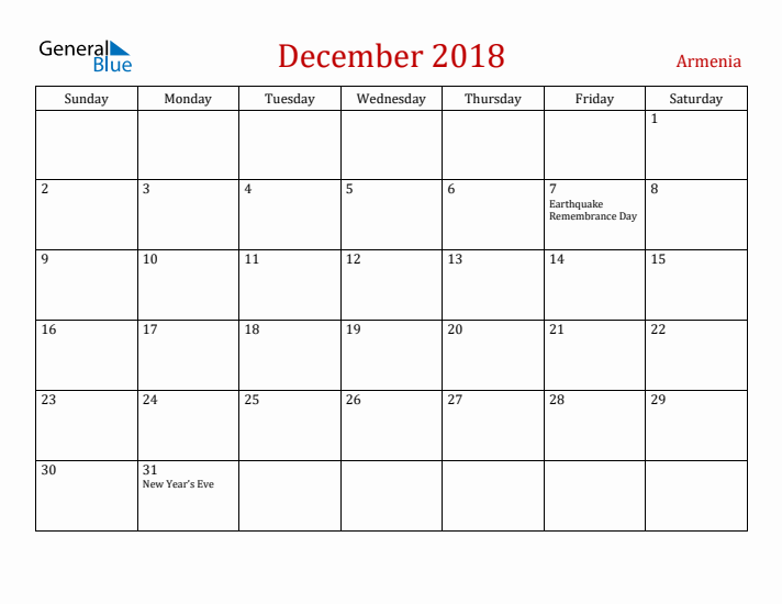 Armenia December 2018 Calendar - Sunday Start