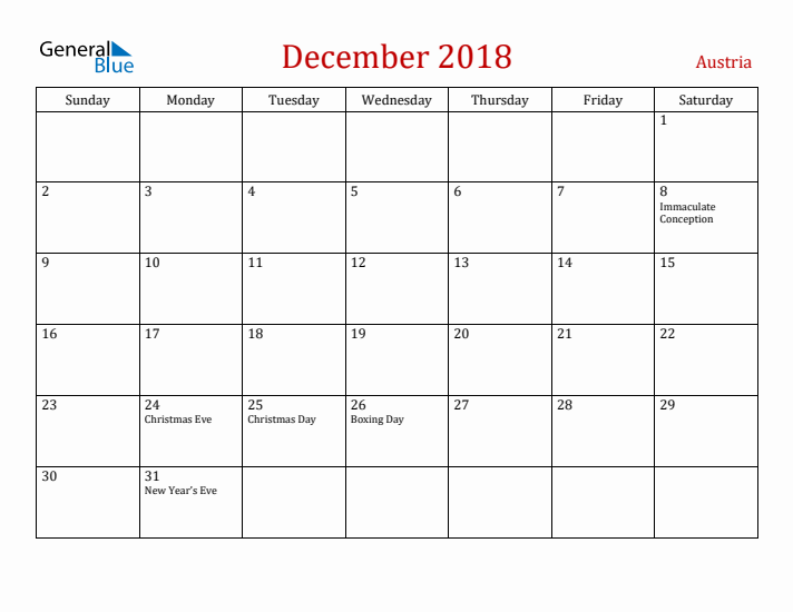 Austria December 2018 Calendar - Sunday Start