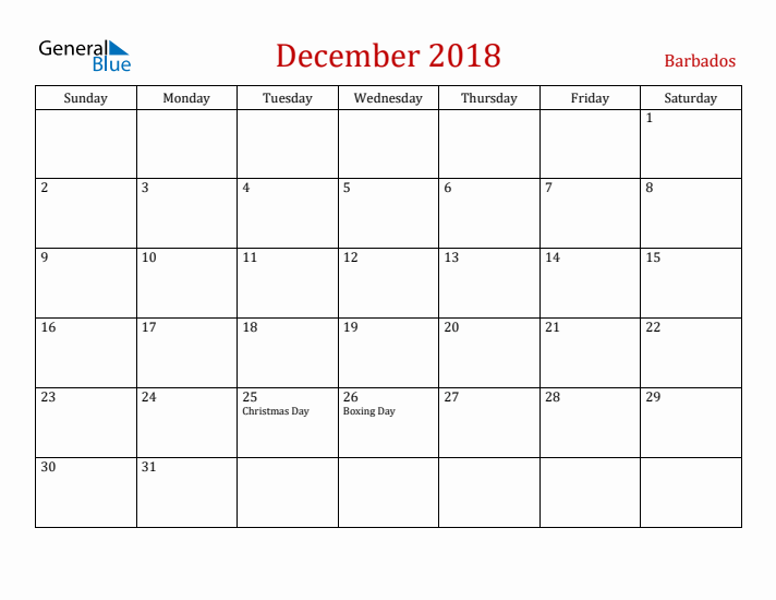 Barbados December 2018 Calendar - Sunday Start