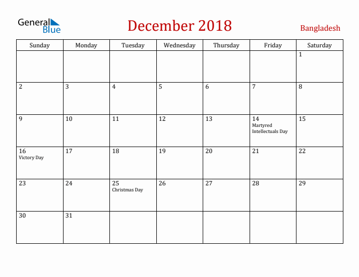 Bangladesh December 2018 Calendar - Sunday Start