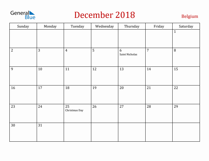 Belgium December 2018 Calendar - Sunday Start