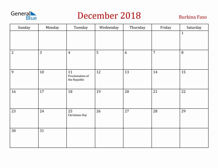 Burkina Faso December 2018 Calendar - Sunday Start