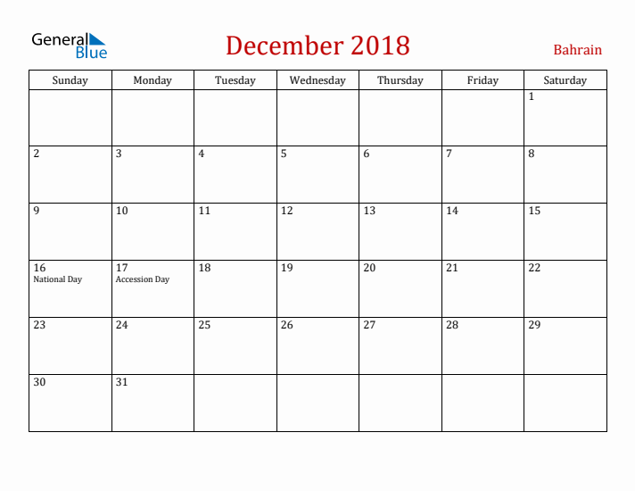 Bahrain December 2018 Calendar - Sunday Start