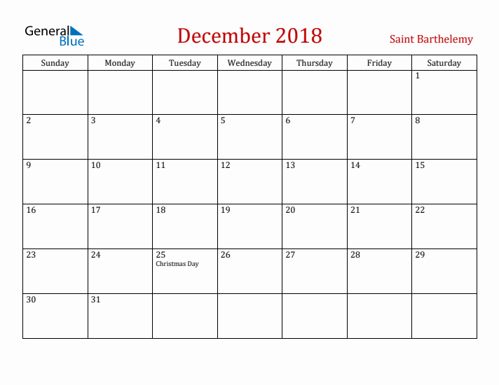 Saint Barthelemy December 2018 Calendar - Sunday Start