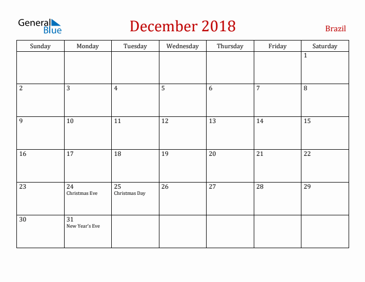 Brazil December 2018 Calendar - Sunday Start