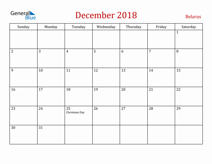 Belarus December 2018 Calendar - Sunday Start