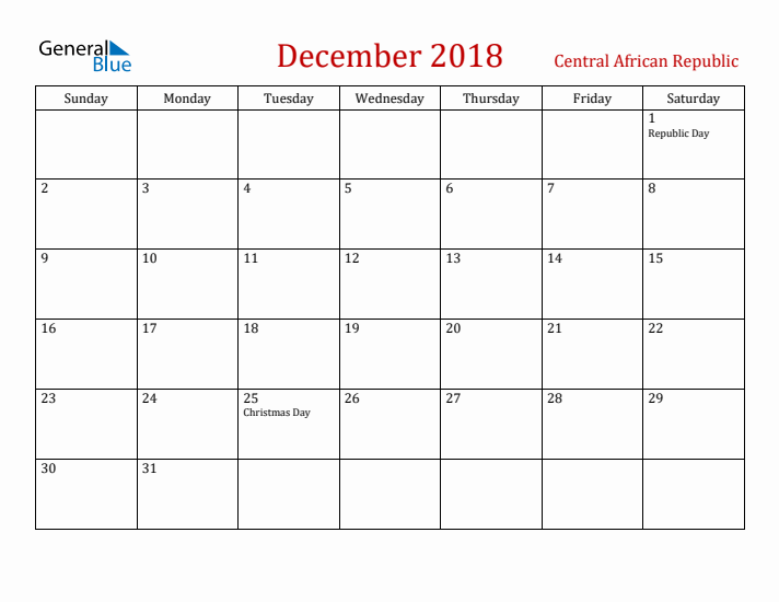 Central African Republic December 2018 Calendar - Sunday Start