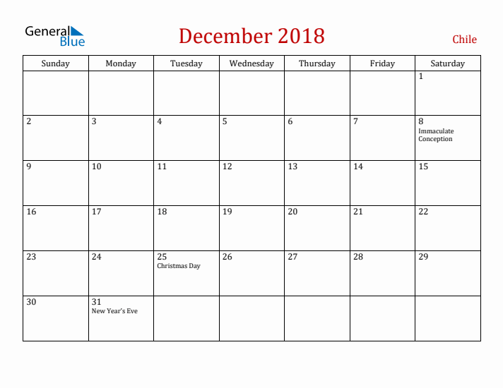 Chile December 2018 Calendar - Sunday Start