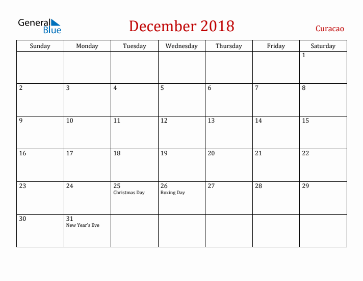 Curacao December 2018 Calendar - Sunday Start