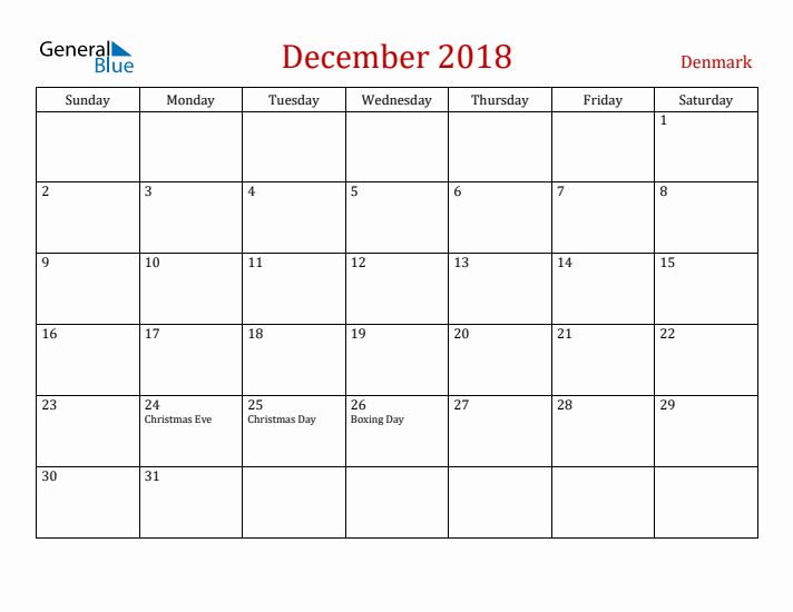 Denmark December 2018 Calendar - Sunday Start