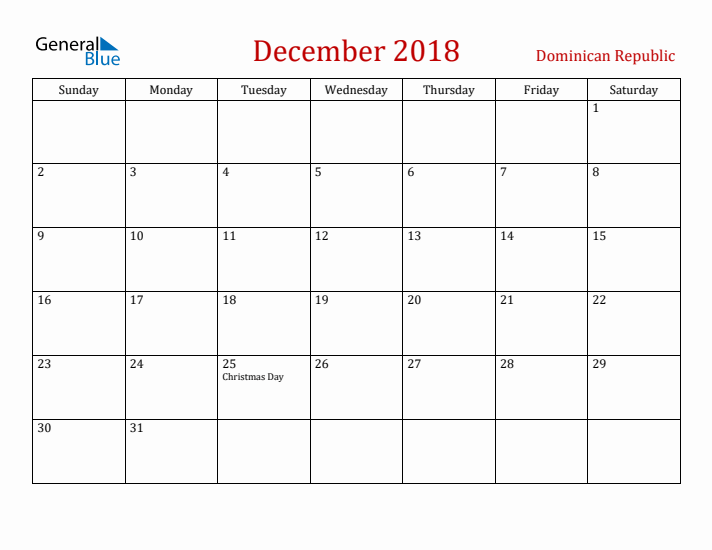Dominican Republic December 2018 Calendar - Sunday Start