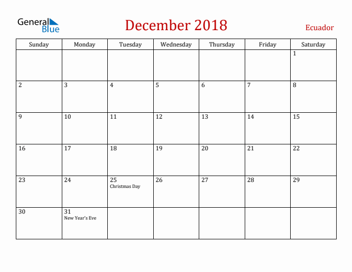 Ecuador December 2018 Calendar - Sunday Start