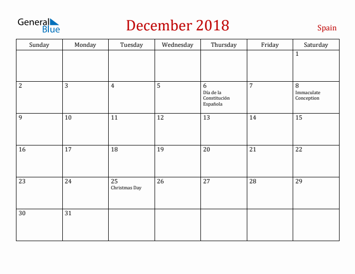 Spain December 2018 Calendar - Sunday Start