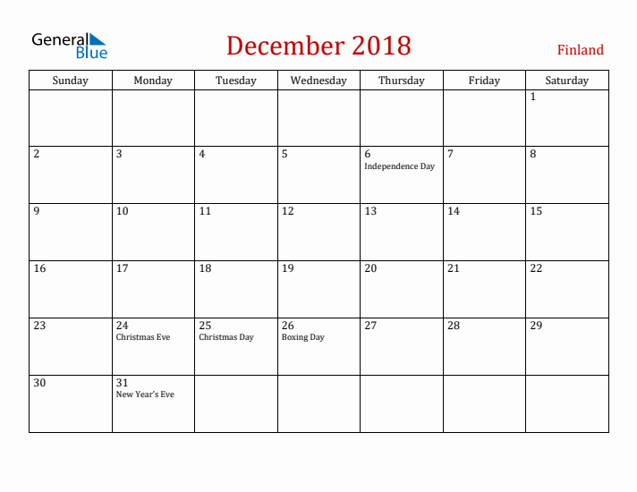 Finland December 2018 Calendar - Sunday Start