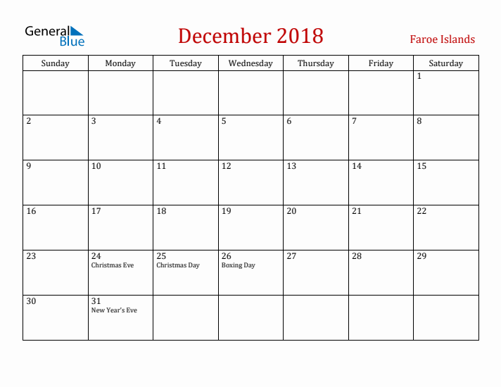 Faroe Islands December 2018 Calendar - Sunday Start