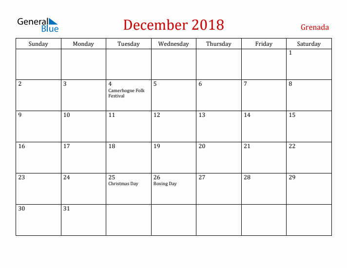 Grenada December 2018 Calendar - Sunday Start