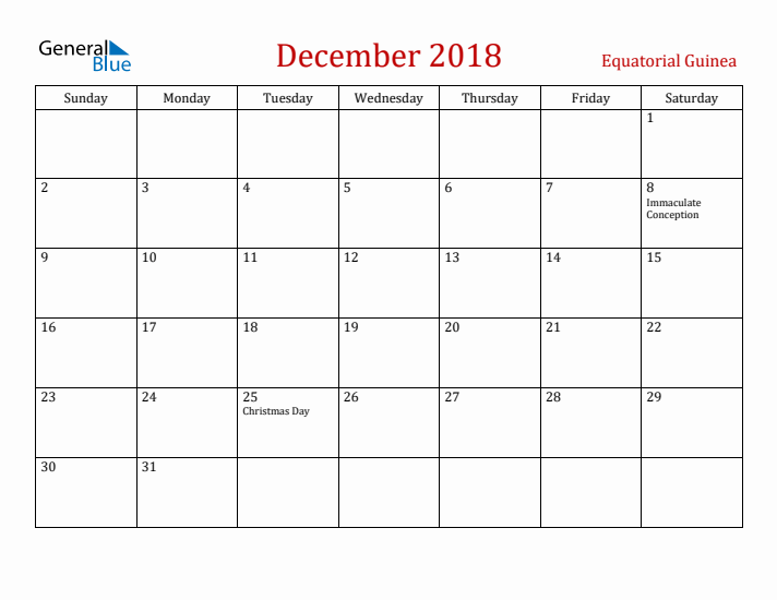 Equatorial Guinea December 2018 Calendar - Sunday Start