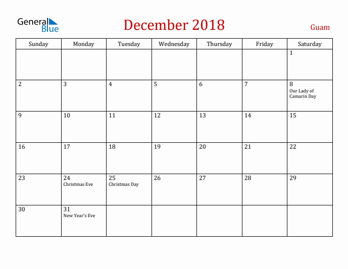 Guam December 2018 Calendar - Sunday Start