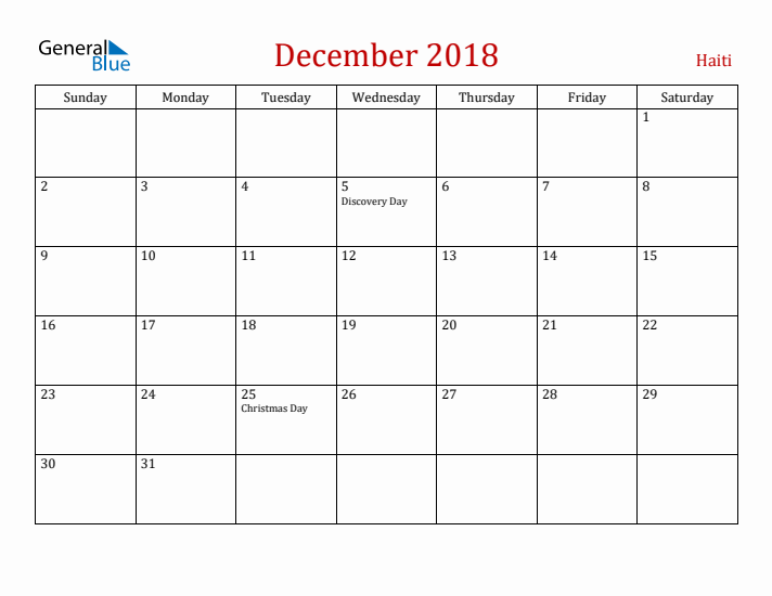 Haiti December 2018 Calendar - Sunday Start