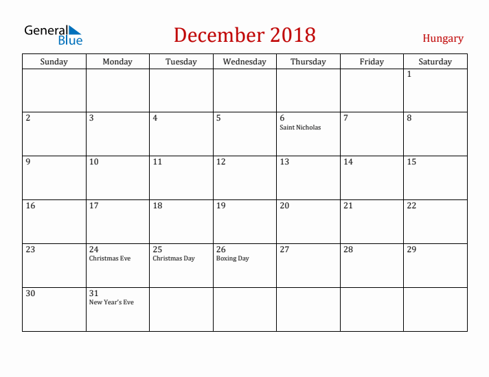 Hungary December 2018 Calendar - Sunday Start