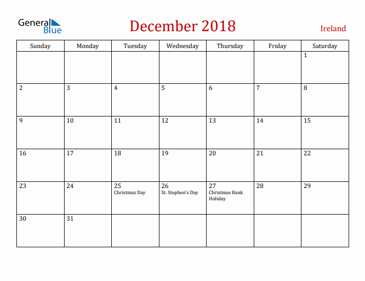 Ireland December 2018 Calendar - Sunday Start