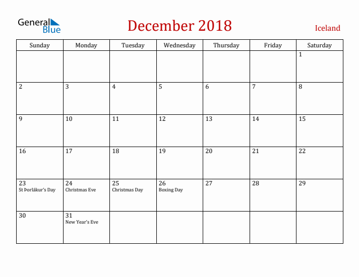 Iceland December 2018 Calendar - Sunday Start