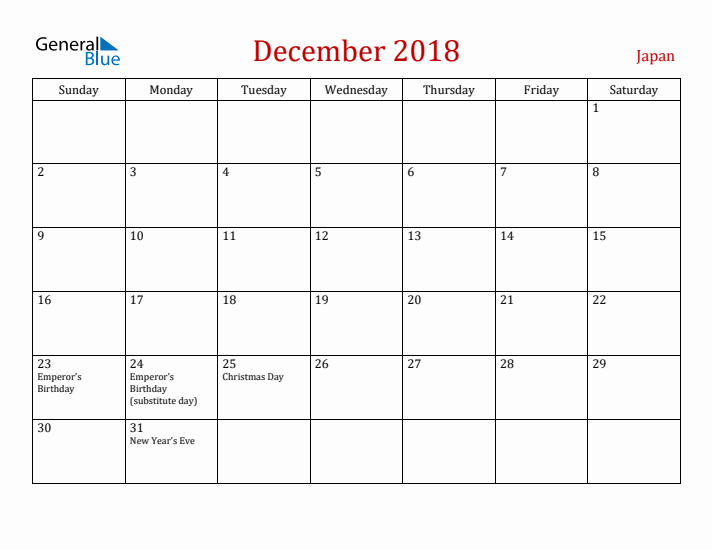 Japan December 2018 Calendar - Sunday Start