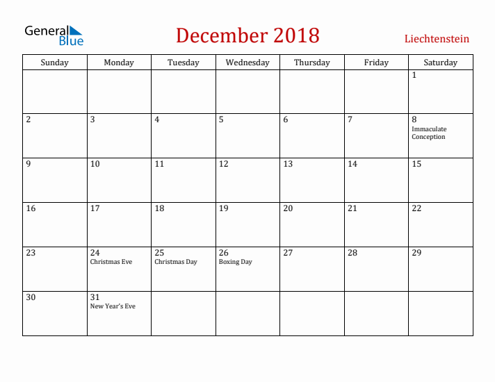 Liechtenstein December 2018 Calendar - Sunday Start