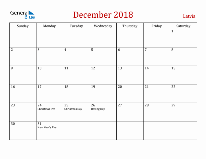 Latvia December 2018 Calendar - Sunday Start