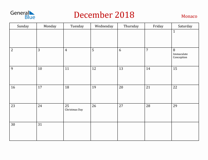 Monaco December 2018 Calendar - Sunday Start