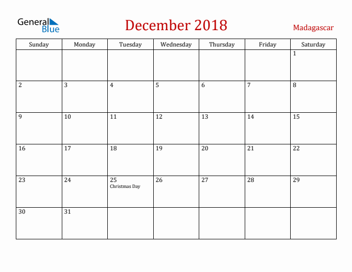 Madagascar December 2018 Calendar - Sunday Start
