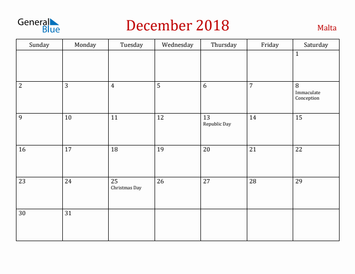Malta December 2018 Calendar - Sunday Start